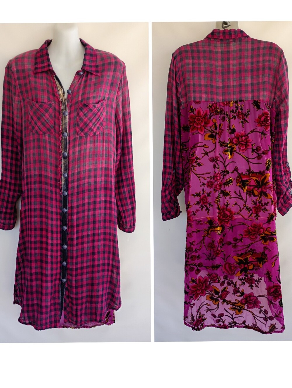 Aratta Silent Journey Button Down Plaid Floral Velvet Detail Shirt Dress Boho S